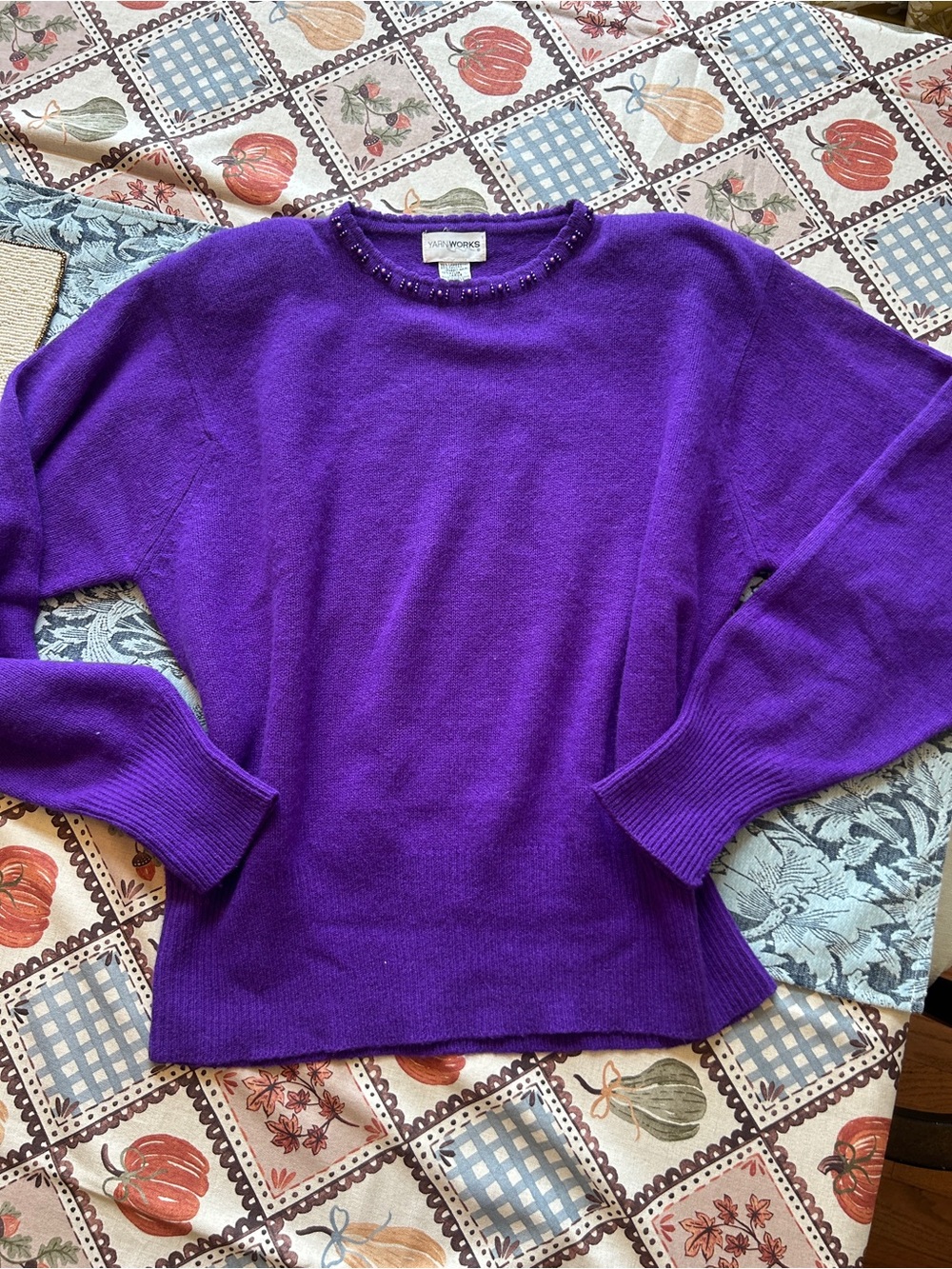 Vintage Yarn Works Lambswool and Angora Purple sweater with beaded neckline